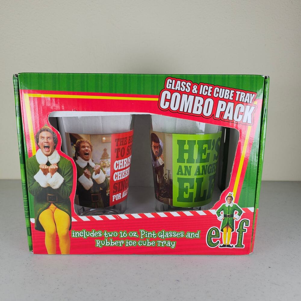 ELF Glass & Ice Cube Tray Combo Gift Pack Two 16 Oz Glass Tumblers Christmas